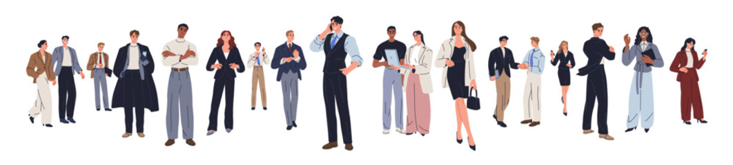 Obraz na płótnie Canvas Business people community networking and meeting. Professional corporate group communication. Executive managers, partners, office workers. Flat vector illustration isolated on white background