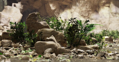 The landscape features a rugged terrain with large rocks and vibrant green plants. The scene captures the beauty of natures resilience and diversity in a rocky environment.