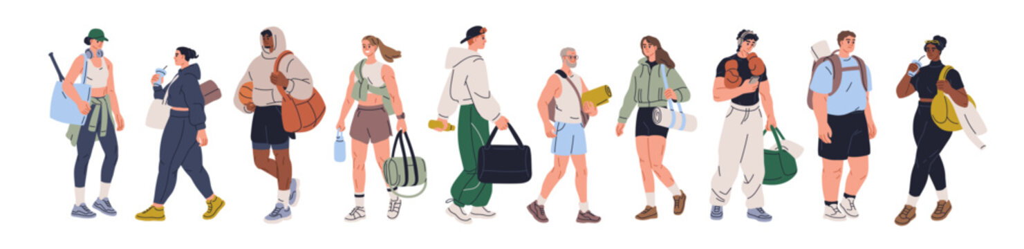 People walking to gym. Men, women going to fitness, sport. Male and female carrying backpack, bag, towel, water bottle for training, workout. Flat vector illustration isolated on white background