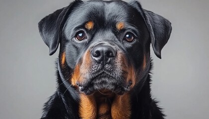 Obraz premium Stately and Serious Rottweiler Gazing Straight Ahead, Adding Warmth to the Room in Photography