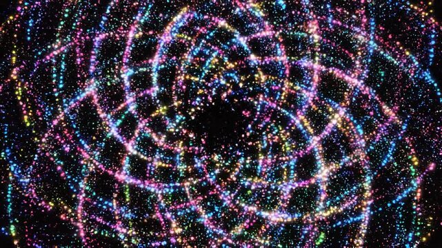 A vibrant, swirling pattern of multicolored lights against a dark background