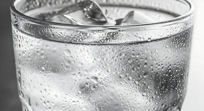 Close up of a chilled glass of water with ice cubes and condensation