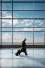 Fototapeta premium Architectural composition businessman walking through airport terminal. Concept of business travel promotion, global mobility advertising, executive lifestyle visuals, corporate journey themes.