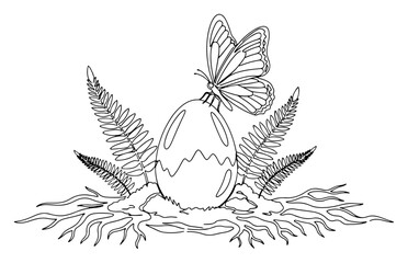 Obraz premium Continuous line drawing of a beautiful butterfly resting on a cracked egg with fern leaves