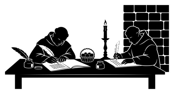 monk writer man working at desk candle vintage monochrome illustration vector