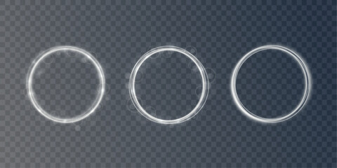 Circle shine on transparent backdrop. Glowing ring with glitter effect. Round silver frame and magic particles. Festive element with glittering stardust  © Little Monster 2070