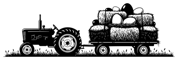Silhouette of a vintage farm tractor pulling a trailer with hay and easter eggs © Katarzyna