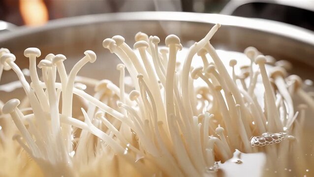Close-Up of Fresh Enoki Mushrooms Cooking in a Pot
