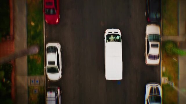Van driving on narrow road with parked cars