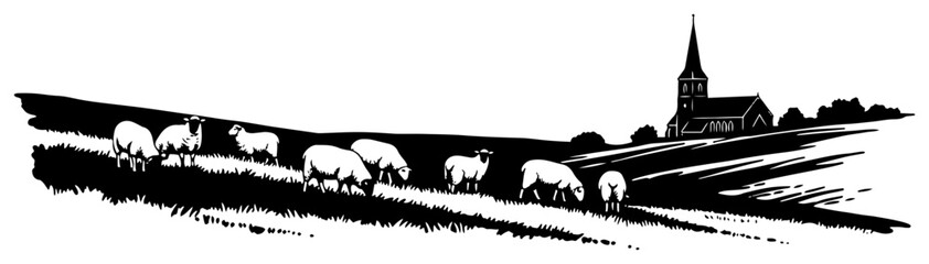 Fototapeta premium Minimalist landscape silhouette of sheep grazing on a hill near a village church