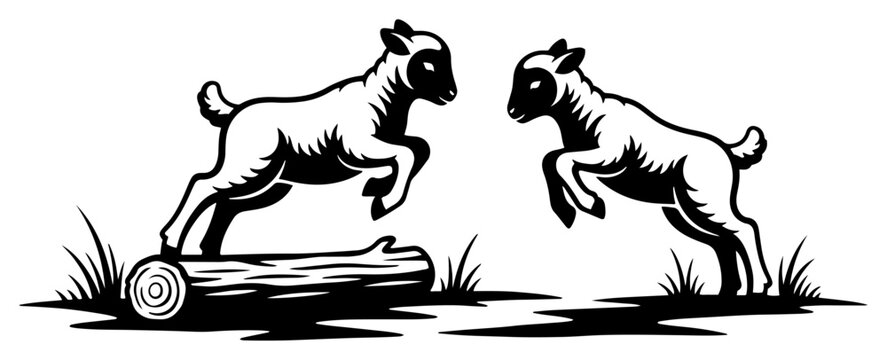 Black silhouette of two young lambs playing and jumping over a wooden log in nature