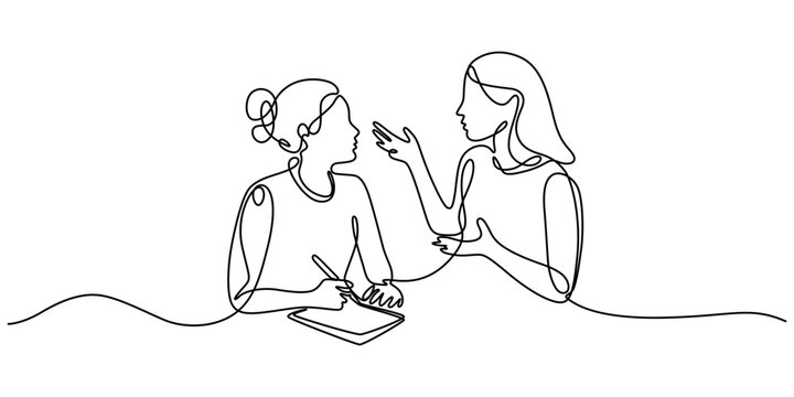 Continuous one line drawing of two women, one writing notes while the other gestures and speaks, representing a consultation, interview, or discussion. Two businesswomen engage in a focused discussion