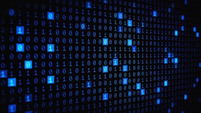 Close-up of blue binary code on a dark background with a grid pattern conveying technology and data processing