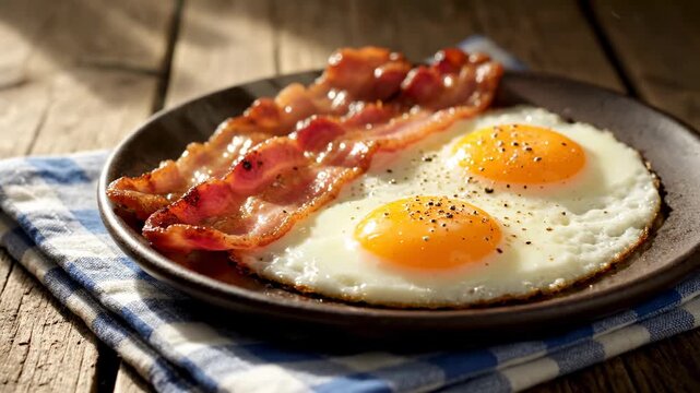 Close-up shot of a rustic ceramic plate filled with a classic breakfast crispy, glistening bacon strips stacked beside two sunny-side-up eggs with bright golden yolks and a sprinkle of black pepper.