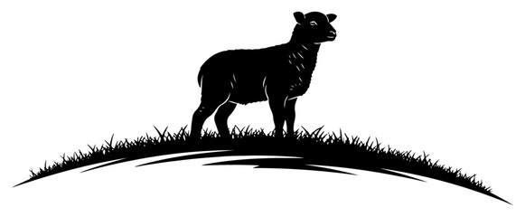 Minimalist black silhouette of a single sheep standing on a grassy hill © Katarzyna