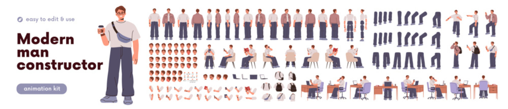 Man character constructor set. Male employee, body animation kit with face, arm, leg poses. Person in sitting, standing, walking positions. Flat vector illustration isolated on white background