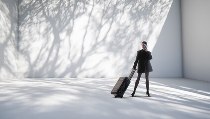 Contemporary artwork businesswoman with suitcase in light shadows. Concept of executive travel visuals, corporate mobility campaigns, global business themes, professional branding content. © master1305