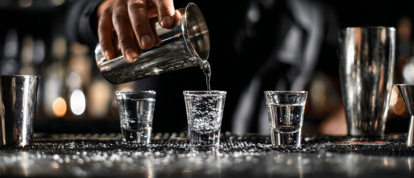 Hands expertly pour vodka from a silver shaker into shot glasses, creating a lively atmosphere in a jazz club with soft studio lighting