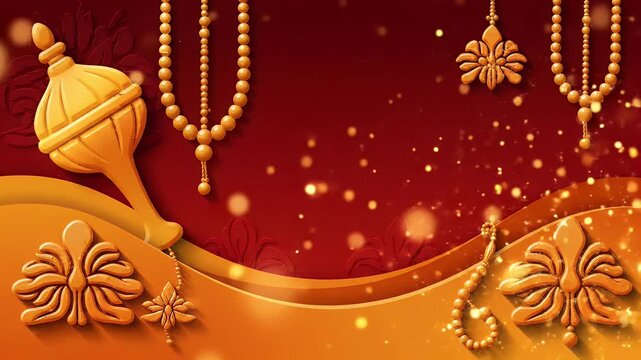 Minimalist Hanuman Worship Festival Banner: Cinematic Deep Red Saffron Gradient with Embossed Mace & Prayer Beads, Glowing Light Particles.