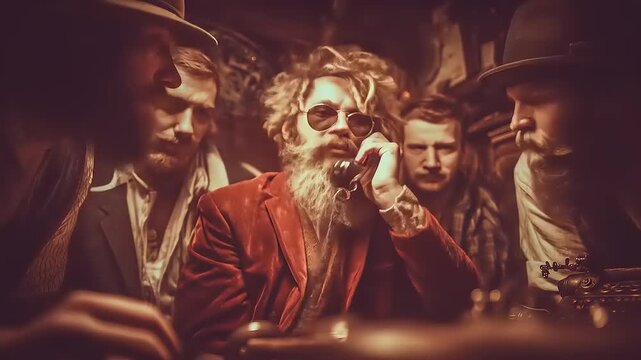 Suspenseful rendezvous: Intense communication amidst a group of men in vintage attire with intriguing expression
