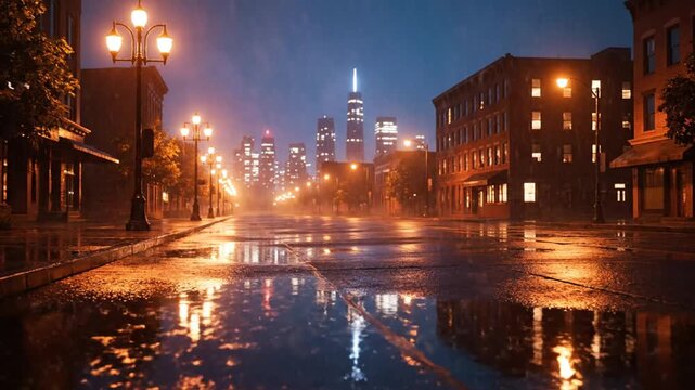 Rainy city street at night.