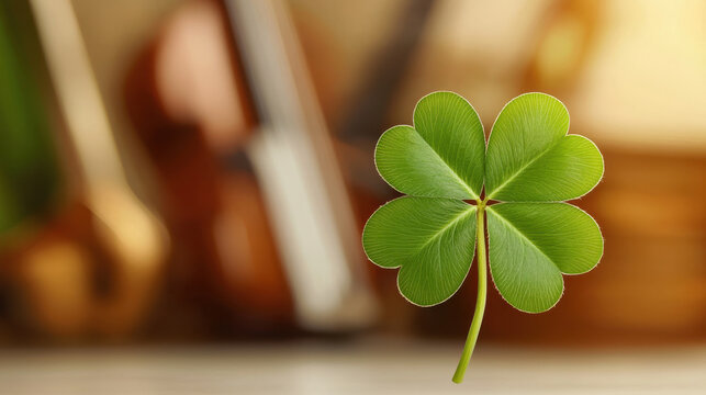 Four leaf clover symbolizing luck and Saint Patrick Day, with blurred musical instruments in background