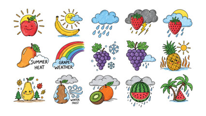 Fototapeta premium Fruitful Weather Symphony: A vibrant collection of whimsical fruit illustrations portraying various weather conditions. Each piece adds a touch of playful charm, illustrating concepts like sunshine.