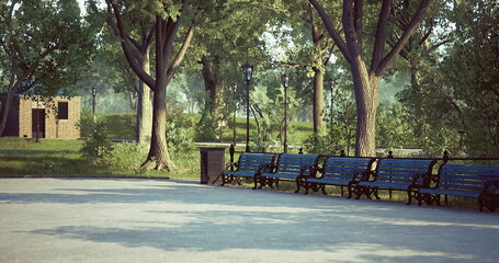 Shaded bench row under mature trees, dappled sunlight on pavement, quiet plaza seating with bin and lamppost, calm urban retreat for reading, rest and small © icetray