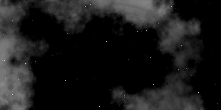 Storm background with gray clouds. Isolated white fog on the black background, smoky effect for photos and artworks. Abstract smoke texture frame over black background. Dark Cloudy Smoke Texture High-