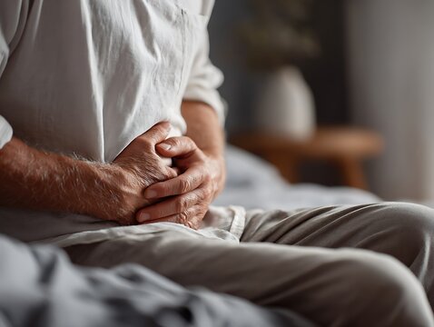 Elderly man sitting on a bed and holding his lower abdomen with both hands, wearing light clothing. The image represents constipation and digestive problems in older adults in a bedroom setting