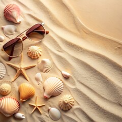 Beach Scene with Sunglasses and Seashells on Sand Keywords: beach, sand, seashells, starfish