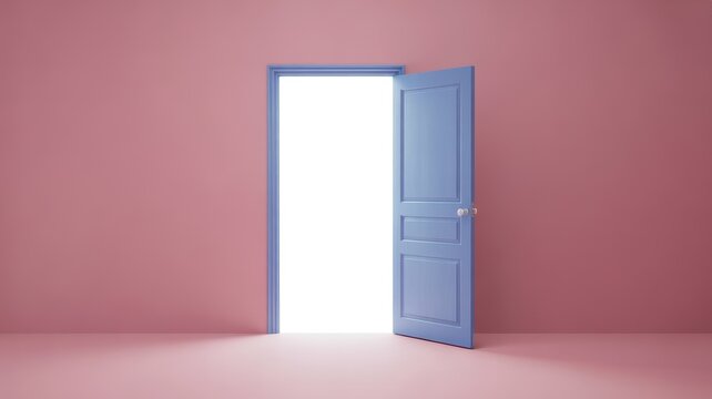 Minimalist open blue door in a pink room leading to a bright white light