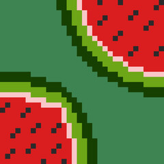 Pixel art illustration of watermelon slices in retro 8-bit style. Bright fruit segments on green background. Freshness, vitamin C, summer, healthy food, and organic nutrition. 