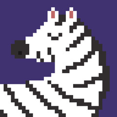 Pixel art illustration of a zebra in retro 8-bit style. Cute pixelated character with steam, symbolizing cozy mood, relaxation, morning routine, and coffee break. 
