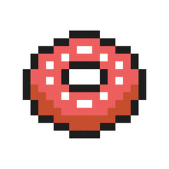 Pixel art illustration of a donut in retro 8-bit style. Colorful pixelated pastry with icing and sprinkles, symbolizing dessert, bakery, snack, and sweet treat. Vector