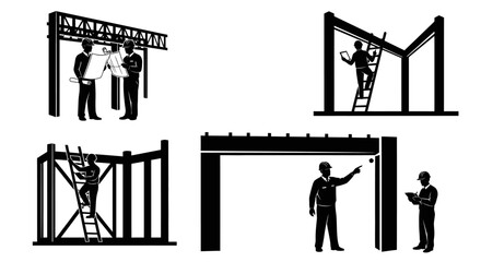 Construction & Architecture Engineering Icons: Architects, Engineers, and Workers Planning, Inspecting Building Structures & Reviewing Blueprints Set.
