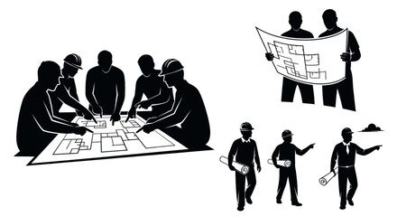 Construction Planning Team Silhouettes - Engineers & Architects Discussing Blueprints & Design Plans - Building Development Icons