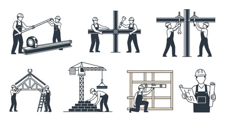 Construction Workers and Building Process Vector Icons: Measuring, Assembly, Framing, Masonry, and Project Planning