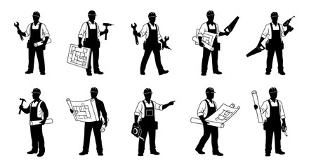 Construction Workers Silhouettes Vector Set: Builders, Handymen, Engineers with Tools & Blueprints