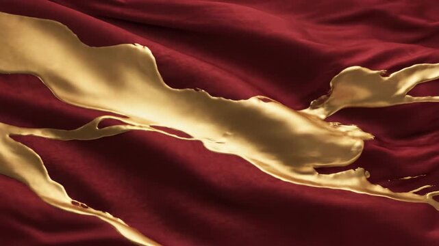 Seamless abstract loop of rich, deep crimson red fabric flowing gently, interlaced with flowing golden fluid streams, evoking regal uniform colors and luxury textile royal concept, warmth, golden