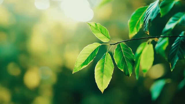 Fresh green leaves on a branch catching soft, warm sunlight, creating a beautiful bokeh effect in a tranquil forest setting, evoking themes of nature, growth, and serenity