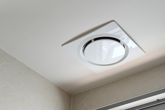 Modern ceiling ventilation fan, white square design, installed in bathroom ceiling, minimalistic style, clean lines, efficient air circulation, contemporary home interior