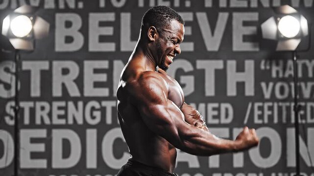 Muscular man flexing in front of a motivational wall with strong lighting