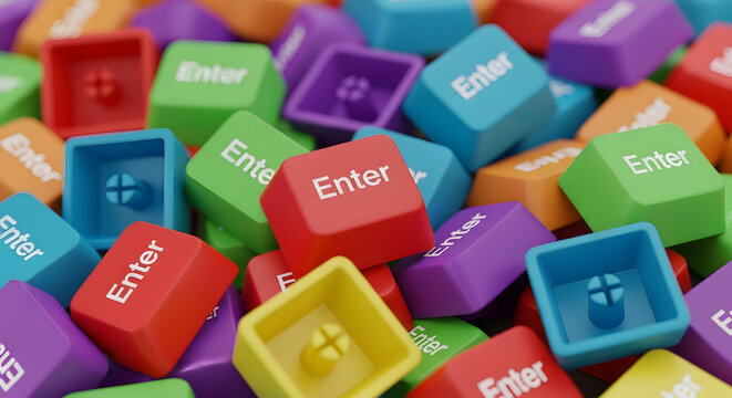 Pile of vibrant multicolored Enter keycaps scattered randomly representing computer peripherals and customization in mechanical keyboards