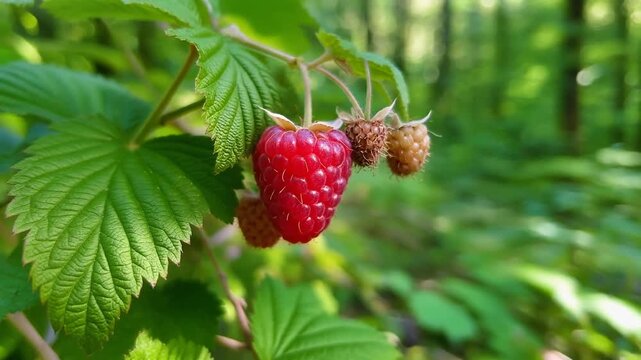 Ripe red raspberry with green leaves and unripe fruits in a forest
