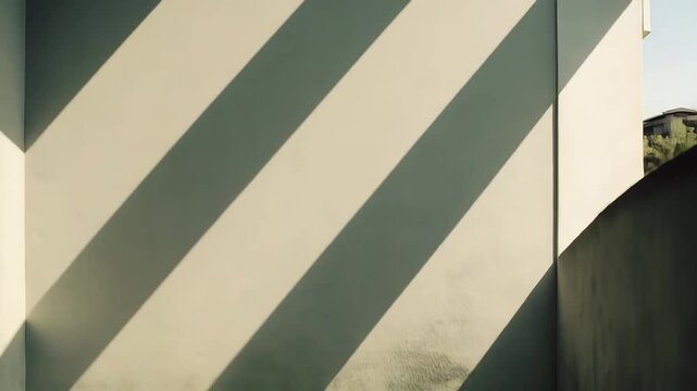 Empty room featuring a textured concrete wall and floor capturing geometric diagonal patterns of bright sunlight and deep shadows, creating a minimalist and abstract architectural aesthetic