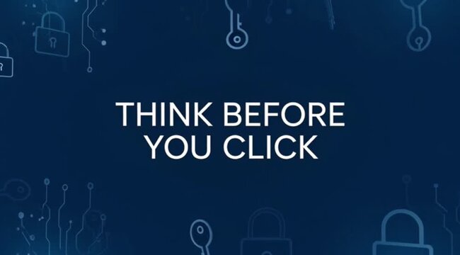 Think Before You Click Awareness Message with Floating Cyber Symbols