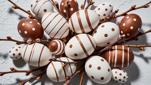 Assortment of brown and white decorated easter eggs with pussy willow branches