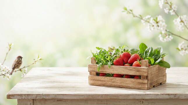 明るい木製テーブルの上に、小さな木箱入りの苺と若葉野菜をややオフセンターに配置した春のスチルライフです。
背景にはやわらかくぼけた淡い新緑と春の花が広がり、軽やかな季節感を演出します。
遠くの隅に小さな鳥がさりげなく佇み、自然との調和を感じさせるアクセントになっています。
広いネガティブスペースを確保した、Adobe Stock向けの高解像度商用ビジュアルです。