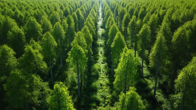 Aerial view of a dense forest with tall trees and a straight path